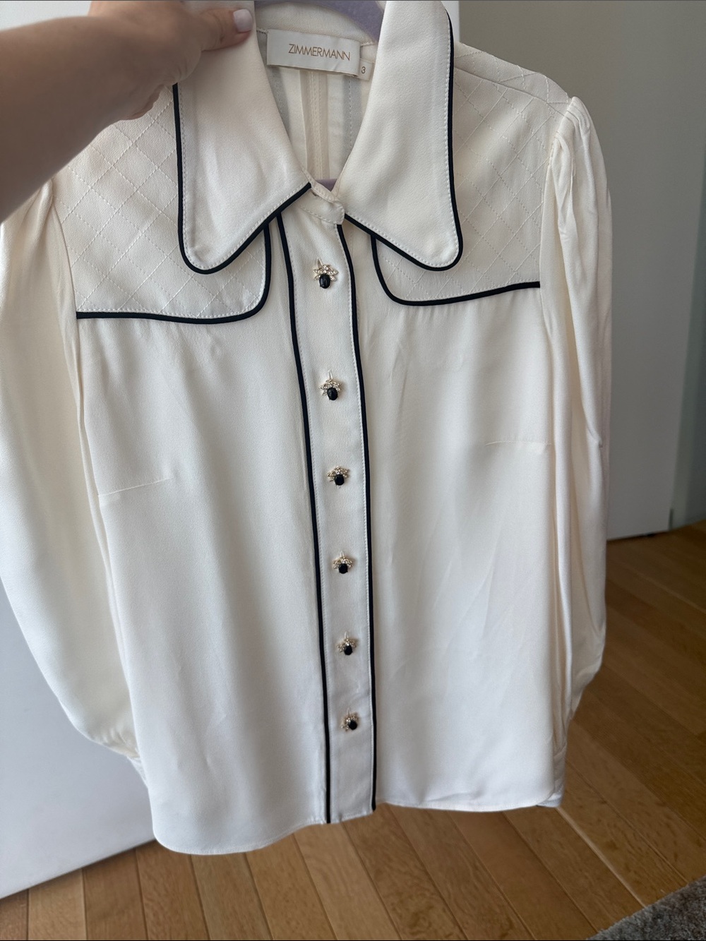 Zimmermann Cream Button-Front Blouse with Black Piping